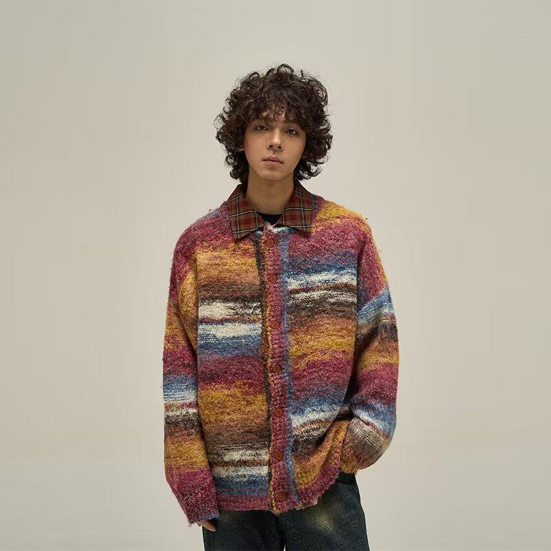 Men's Autumn/Winter Retro Striped Cardigan Sweater - Loose Fit, Casual Style