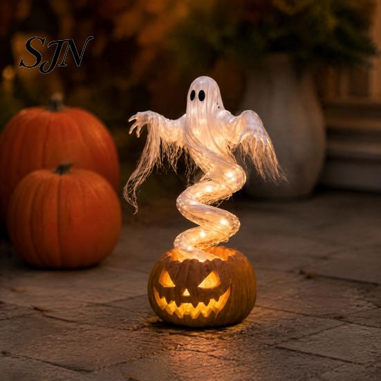 Decorative Lighted Autumn Sculptures Halloween Swirling Ghost Pumpkin Yard Lamp, Spooky Outdoor Holiday Lawn Accents Statue, Warm LED Decoration
