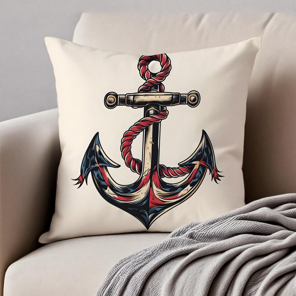 MMarine Theme Rudder Anchor Pillow Nautical Cushion Cover Pillowcase Antidustmite Invisible Zipper Short Plush Sofa Cushion
