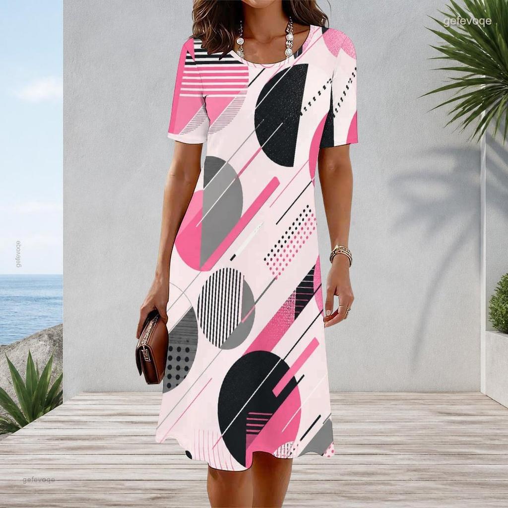 Women Plus Size Round Neck Short Sleeve Geometric Printed A Line Midi Dress