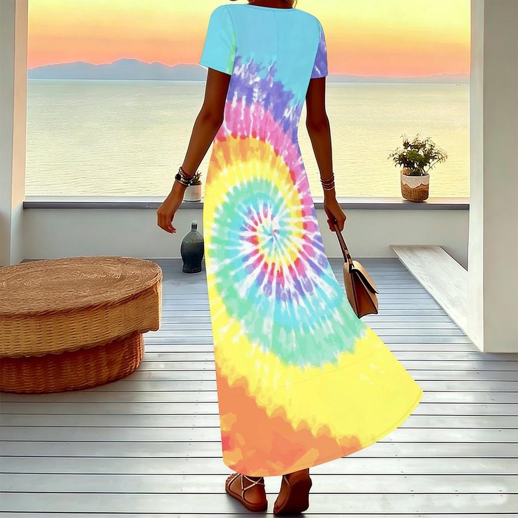 Women Plus Size Short Sleeve V Neck Maxi Dress Loose Tie Dye Print Beach Vacation Long Dress