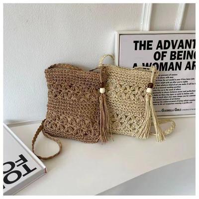 Dámská Retro slaměná Crossbody taška - Všestranná letní plážová taška přes rameno