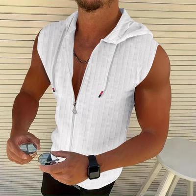 Cardigan estivo da uomo jacquard a righe con zip, t-shirt senza maniche con cappuccio