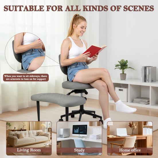 Silla de Oficina Giratoria Silla de Yoga, Meditación con Respaldo Ergonómico, Piernas Cruzadas Transpirable Cuero Sintético Ruedas, Arrodillado para Yoga en Casa, Ajustable