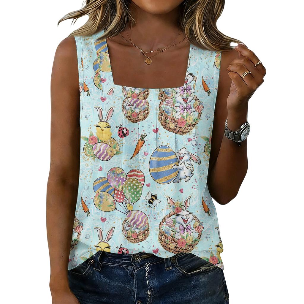 Women's Fashion Sexy Pleated Square Neck Easter Print Sleeveless Vest Top