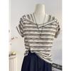 No Price Reduction, Design Sense V-neck Striped Short-sleeved T-shirt Women's Summer Loose and Thin Front Shoulder Half-sleeved T-shirt Top