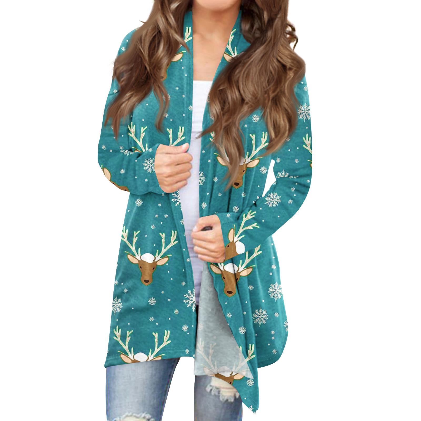 

Женский модный кардиган свободного кроя в стиле кэжуал с рождественским принтом, пальто средней длины XL
