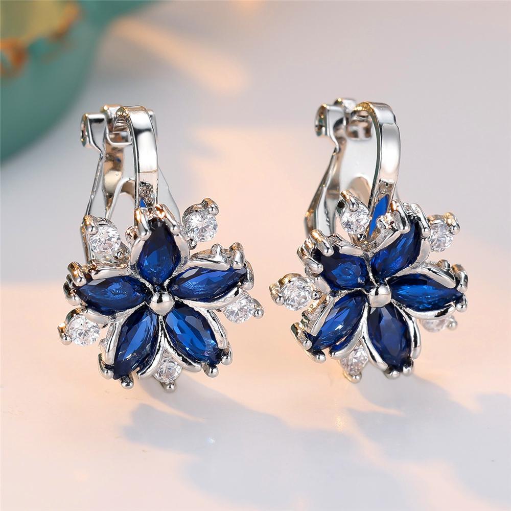 Schattige Dames Blauw Wit Steen Bloem Oorbellen Clip Charm Zilverkleurig Bruiloft Voor Vrouwen