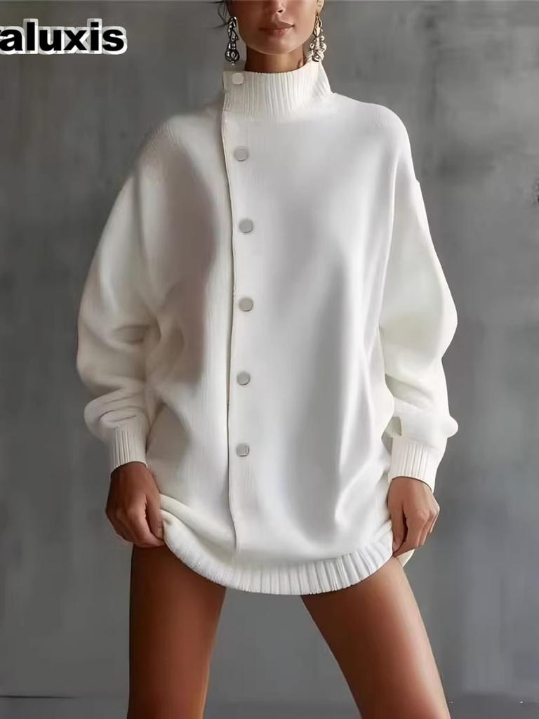 Nouveau Cardigan Long Tricoté à Col Haut pour Femmes Mode Automne Hiver Tendance Réduisant l'Âge Lâche Vêtement d'Extérieur
