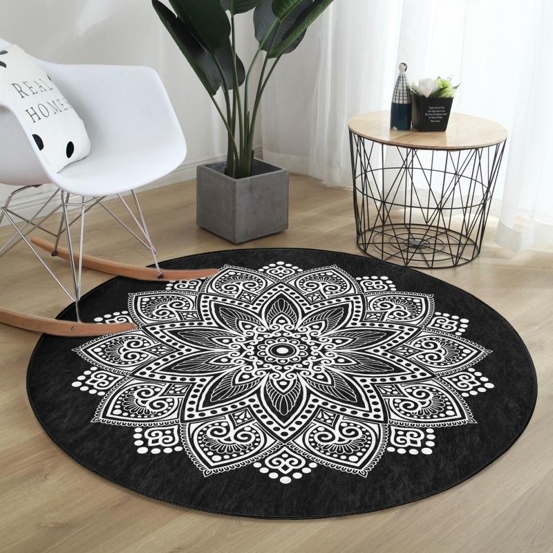 

Deymend Черно-белый дизайн мандалы Круглый ковер для гостиной и гостиной с моющимся нескользящим основанием