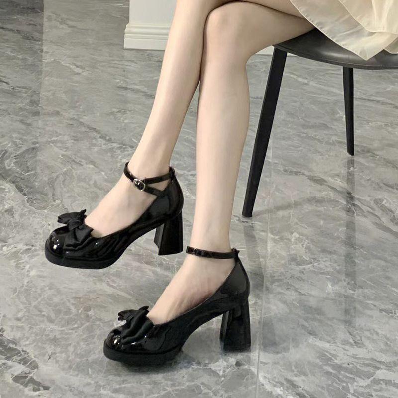 French Retro Small Leather Shoes Women's 2025 New Summer Bow High Heel Niche Design Mary Jane Single Shoes Thick Heel