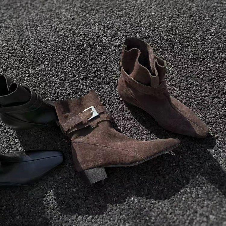 [Cowhide] Cowhide/3.5cm retro sleeve two-wear square head short boots women's belt buckle thick heel bundle fashion boots