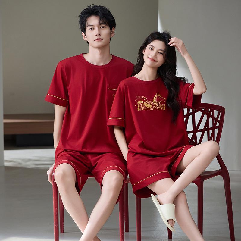 Rotes Baumwoll-Stretch-Pyjama-Set für Paare - Kurzarm, Rundhalsausschnitt, Sommer-Haus- & Outdoor-Bekleidung