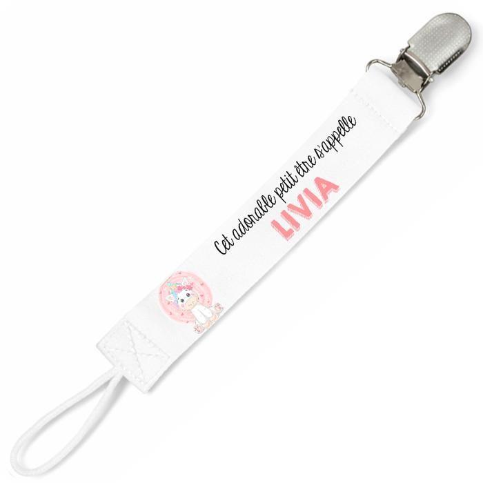 Planetee Attache tétine pour prénom LIVIA adorable petit être Licorne | Attache sucette cadeau naissance