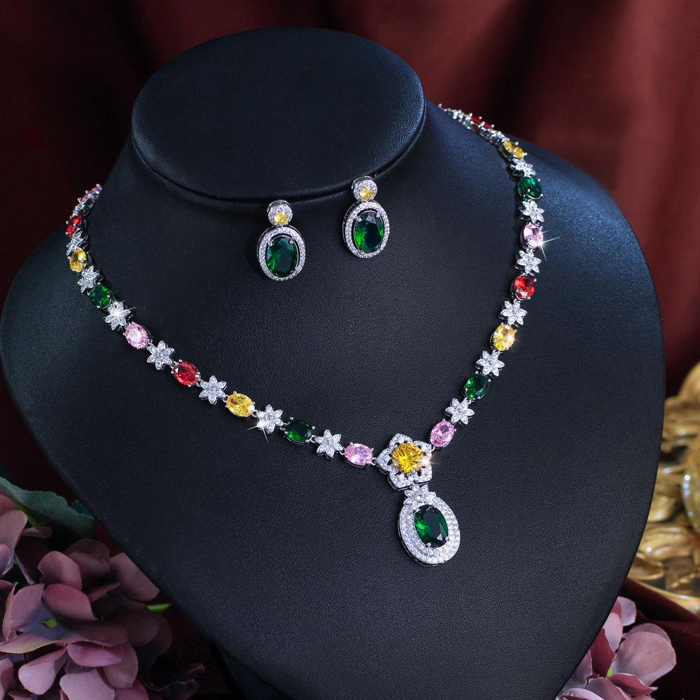 Colorful Zircon Necklace Earrings Set Chain Dinner Dress Bridal Jewelry Set