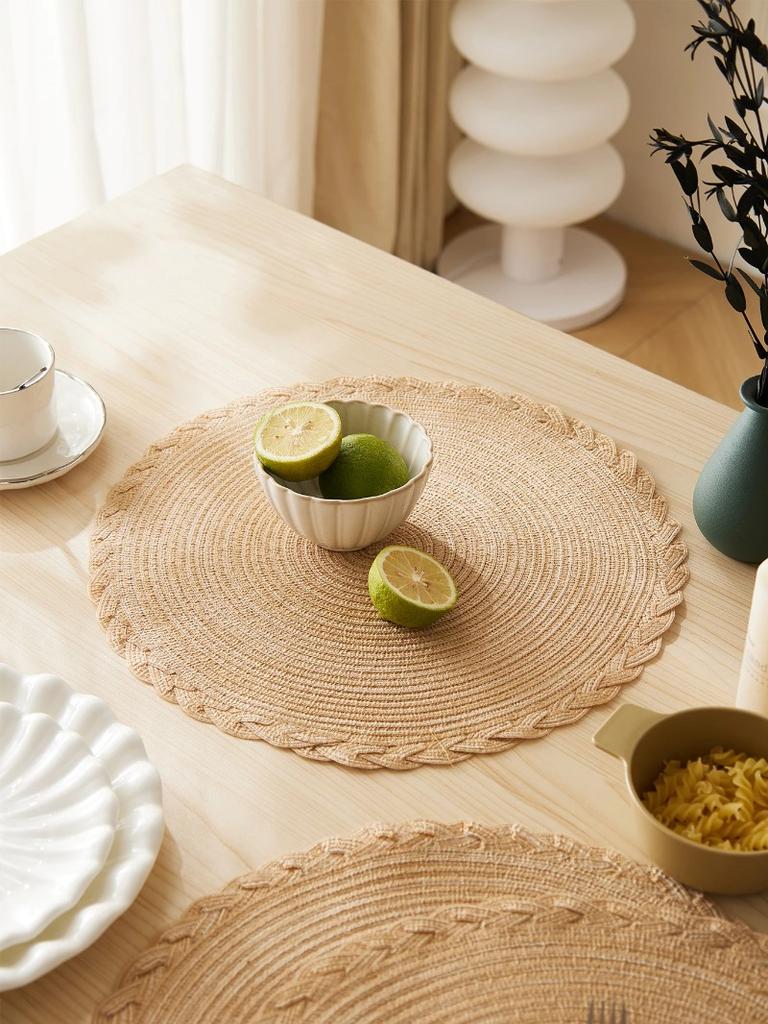4pcs/set Round Placemats Cotton Woven Placemat Heat-Resistant Non-Slip Washable Table Mats for Dining Table PVC Simple