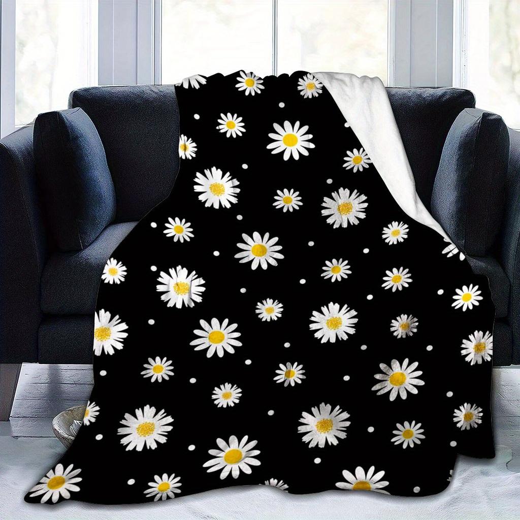Black Daisy Print Blanket 2D Soft Cozy Flannel Throw Blanket For Bed Couch Sofa Camping Travel Warm Blanket For Home Decor Gift