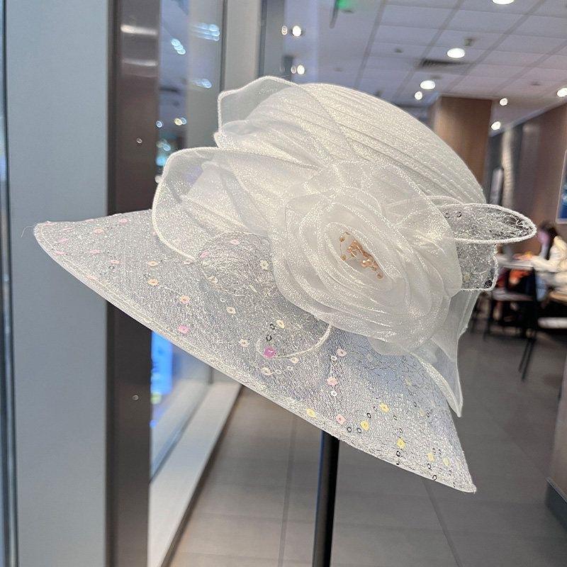 New women's fresh and versatile mesh sequin printed lace flower sun hat vacation travel sun protection