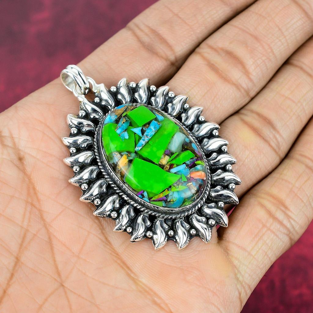 Fiesta Kingman Turkos Hänge, 925 Massivt Sterlingsilver Ädelstenssmycke, Handgjort Hänge, För Bröllopspresent