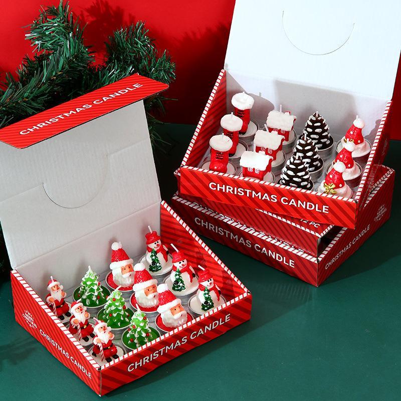 12Pcs Set Christmas Candles, Santa Claus, Tree, Snowman, Carnival, Romantic Ornaments, Candlelight Dinner, Christmas Painted