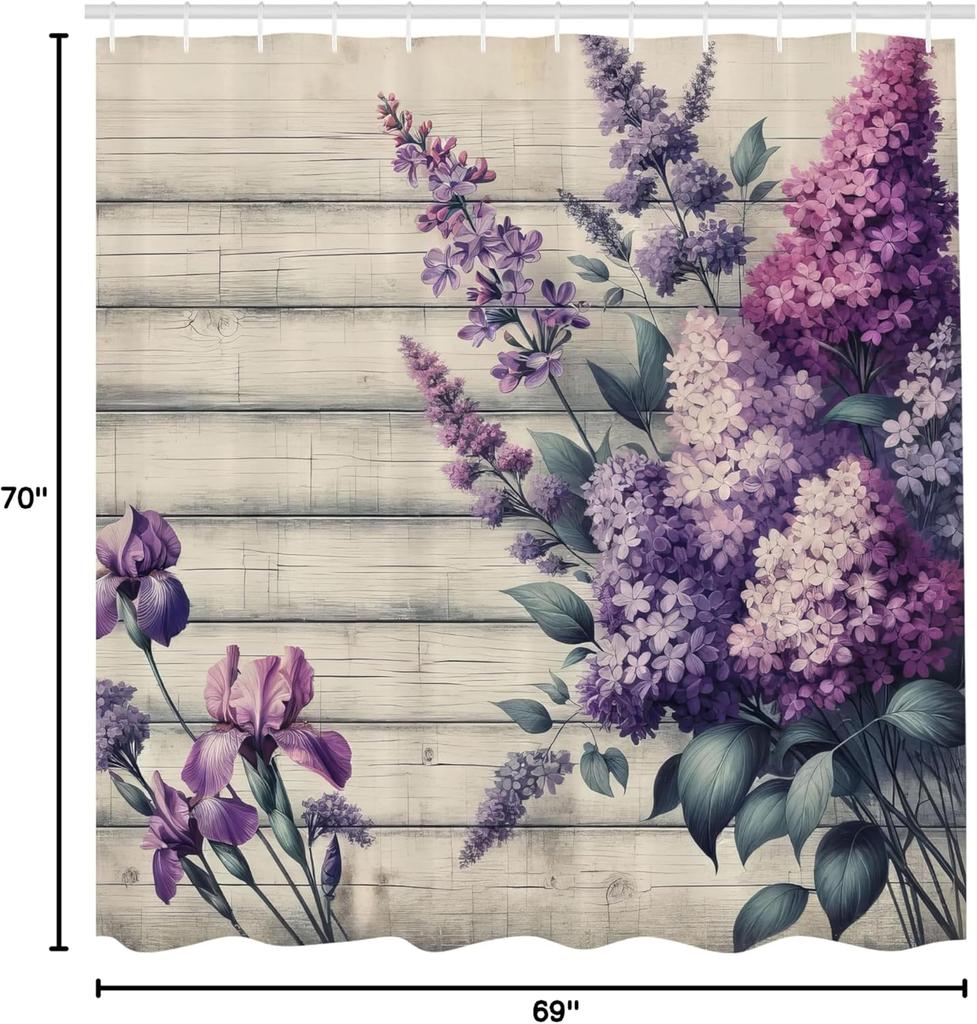 Lavender Shower Curtain, Nostalgia Rustic Farmhouse Back With Leafy Bouquet Of Flowers Print, Cloth Fabric Bathroom De