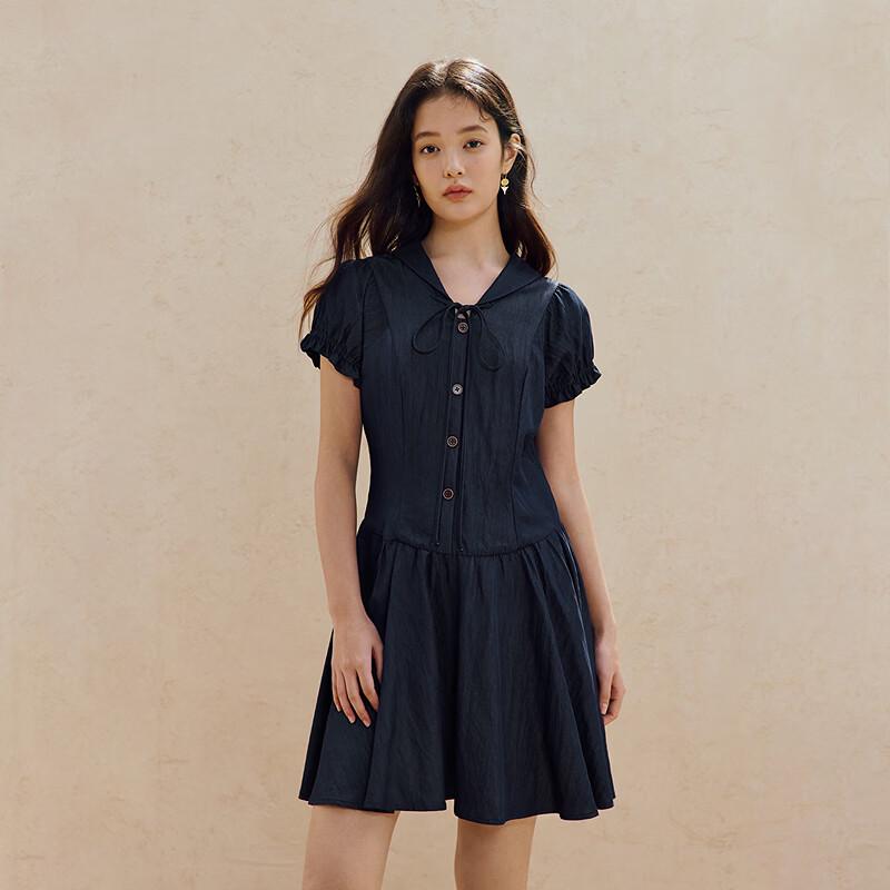 INMAN Sweet Doll Collar Tie Puff Sleeve A-line Dress M