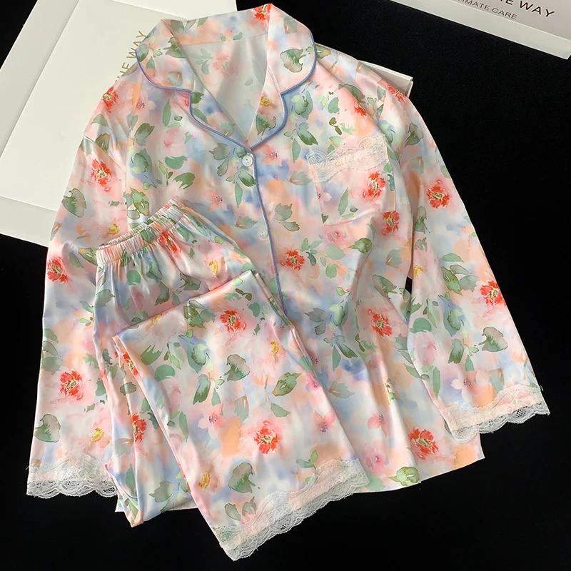 Chinese Style Romantic Art Flower Print Women's Pajamas Elegant Fashion Trend Casual Sleepwear Autumn Lady Homewear