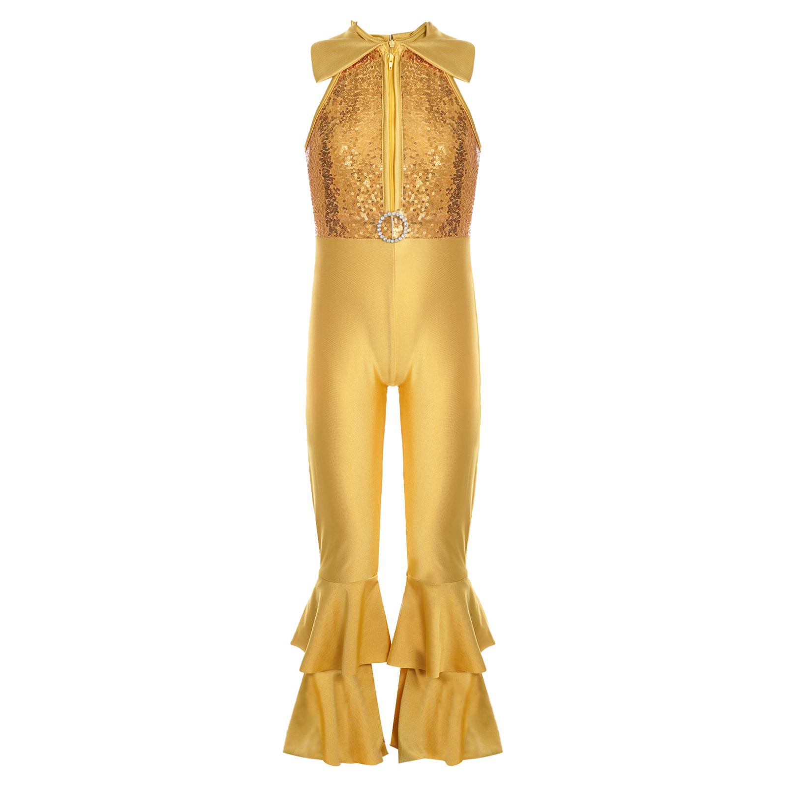 

Девочки Танцевальный купальник Без рукавов Отложной воротник Блестящие пайетки Молния спереди Дизайн золотой