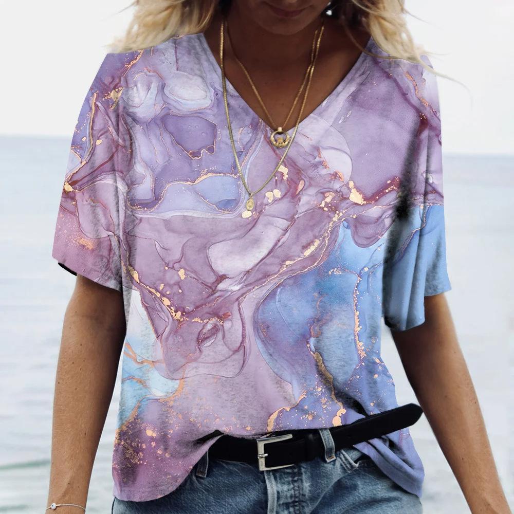 Summer V-neck 3D Marble Pattern Printed Top Fashionable Casual Short Sleeved Women's T-shirts