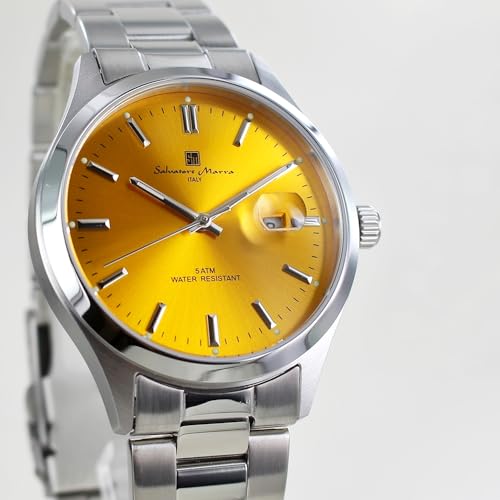 Salvatore Marra Men's Watch with Date Calendar, 5 ATM Water Resistance, Stainless Steel Bracelet [Official Japanese Product] (No. 6, Yellow)