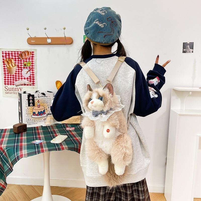 1Pcs Lolita Cartoon Personality Backpack With Sound Women Cat Plush Doll Small Capacity Daypack Cute Realistic Ragdoll Backpack