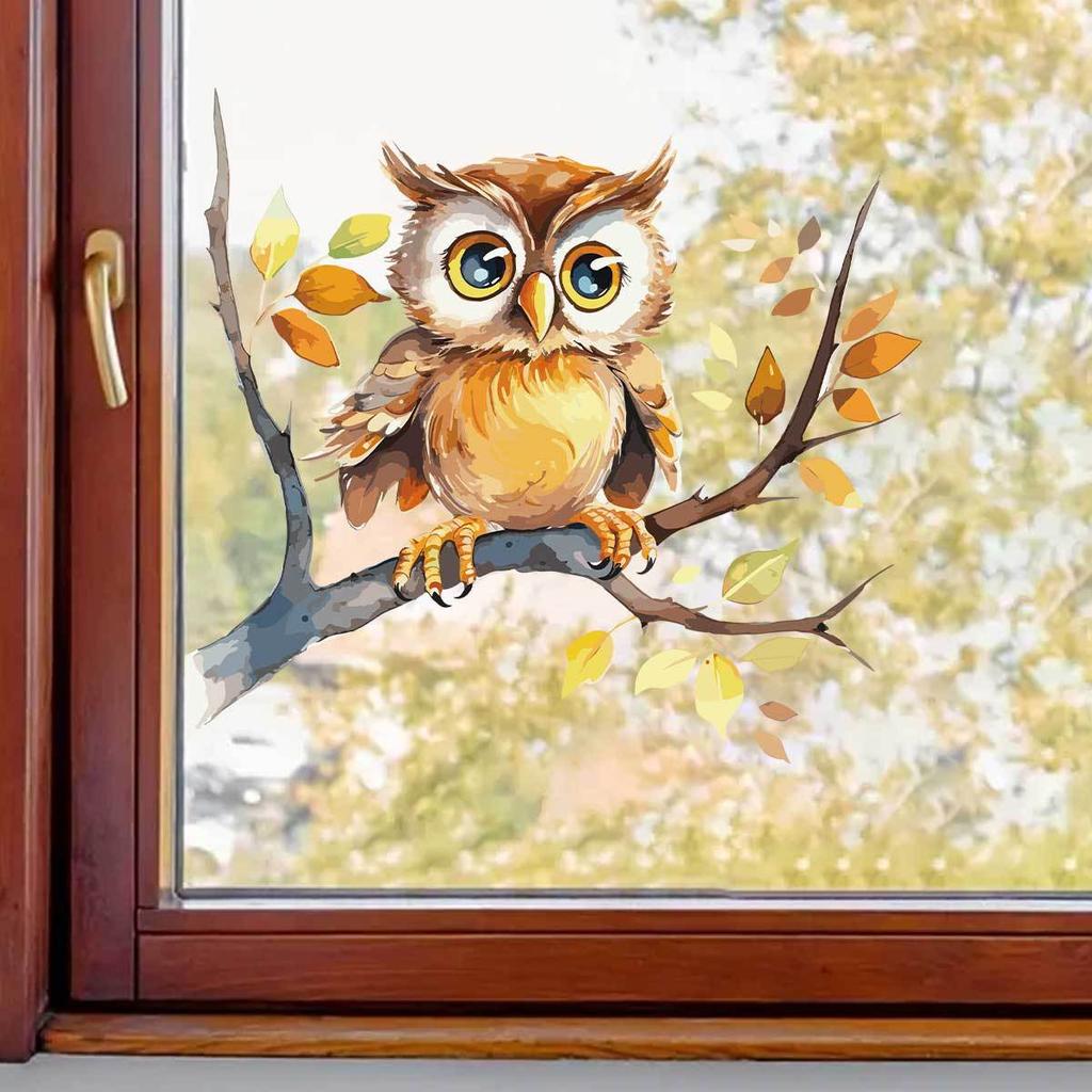 Cute Cartoon Owl On Branch Window Stickers, Double-Sided Visible Glass Door Decals for Home Decoration
