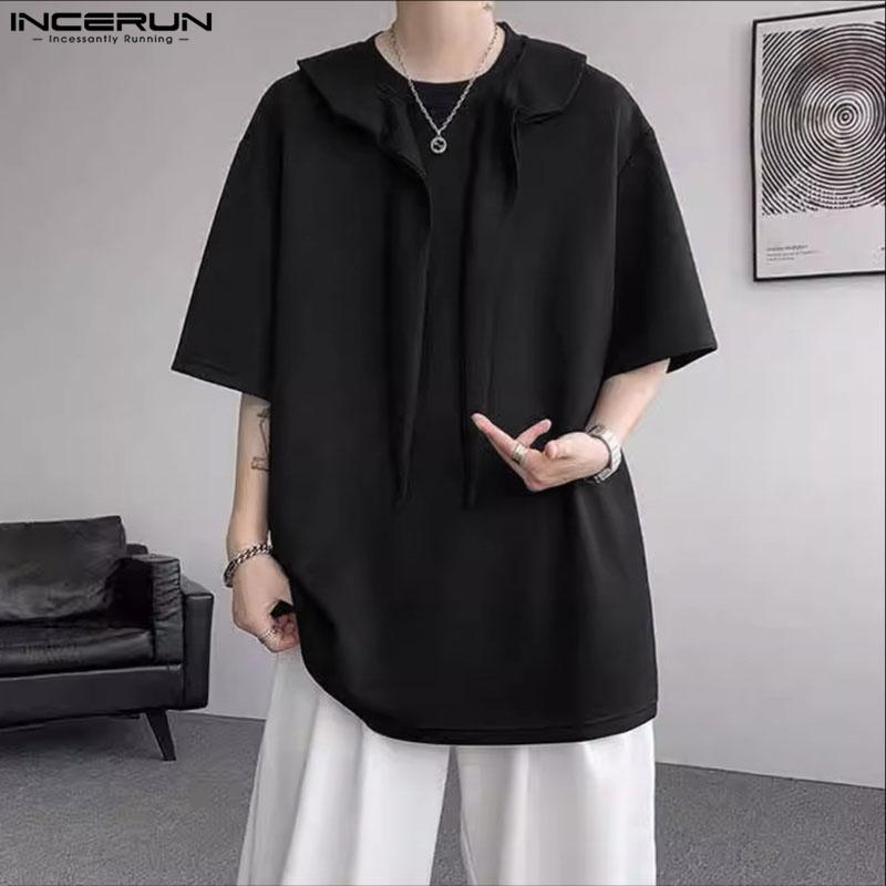 INCERUN Oversized Summer Men Tie Up Patchwork Short Sleeve Solid Casual Loose T-shirts