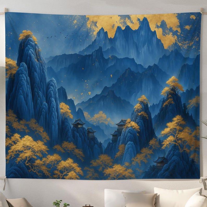 Blue Gold Asian Landscape tapestry 75x100 чёрный