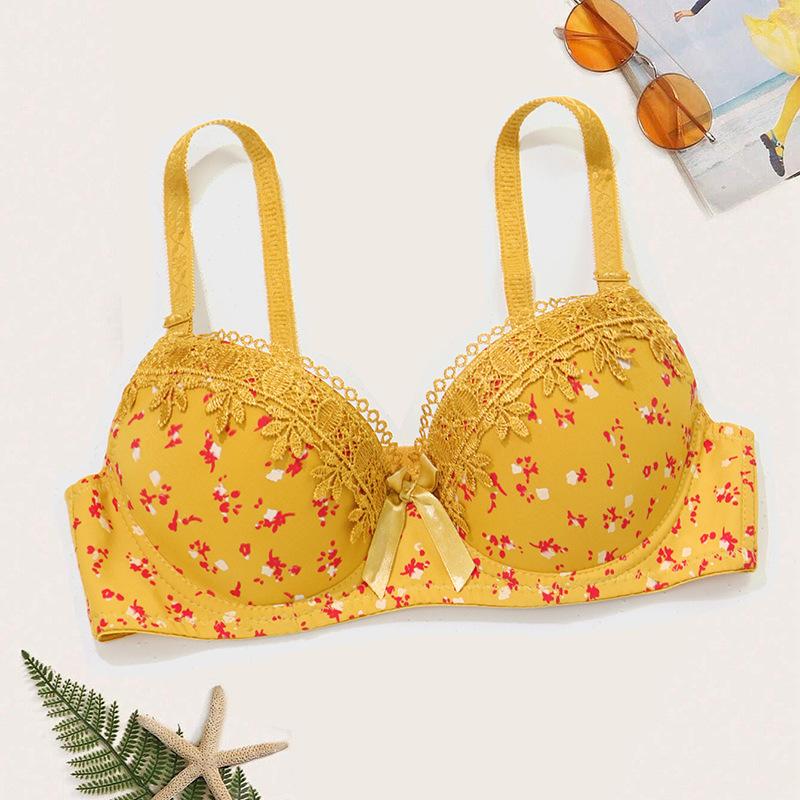 

Нижня білизна, невеликий бюстгальтер із квітковим принтом, вишите мереживо, маленькі груди, зібрані разом, підтримані та закриті, бюстгальтер для вторинної корекції грудей 90B жовтий