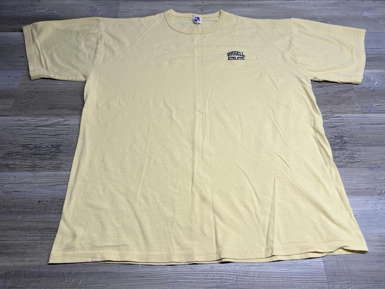 

Vintage Y2K Russell Athletic Tee Embroidered Logo Mens Sz L Pastel Yellow S