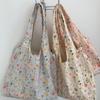 Korean Embroidered Floral Canvas Tote Bag Women's Single Shoulder Bag Casual Floral Printed Canvas Handbag Shopping Bag
