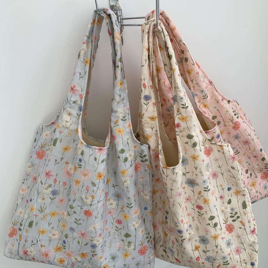 Korean Embroidered Floral Canvas Tote Bag Women's Single Shoulder Bag Casual Floral Printed Canvas Handbag Shopping Bag