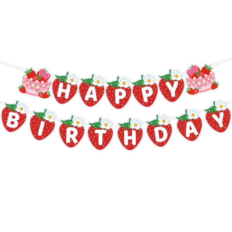 Holiday Birthday Party Cake Topper & Décor Set with Strawberry, Banner, Flowers, and Spiral Pendants