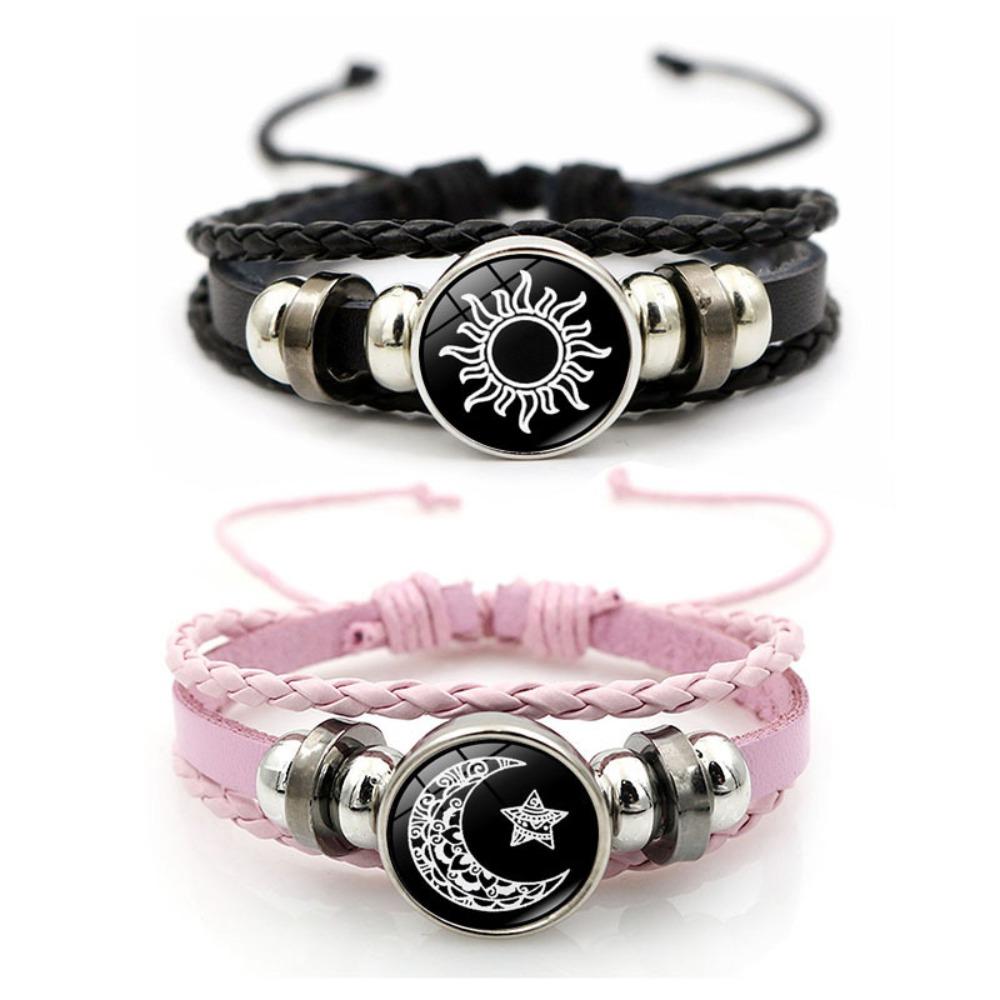 Three-layer Leather Bracelet Sun Moon Knitted Hand Chain Punk Bead Woven Bracelet  Gift