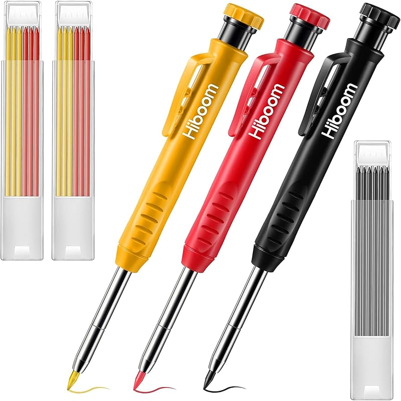 Hiboom 3 Pack Solid Carpenter Pencil with 21 Refill, Long Nosed Deep Hole Mechanical Pencil Marker with Built in Sharpener for Carpenter, Design