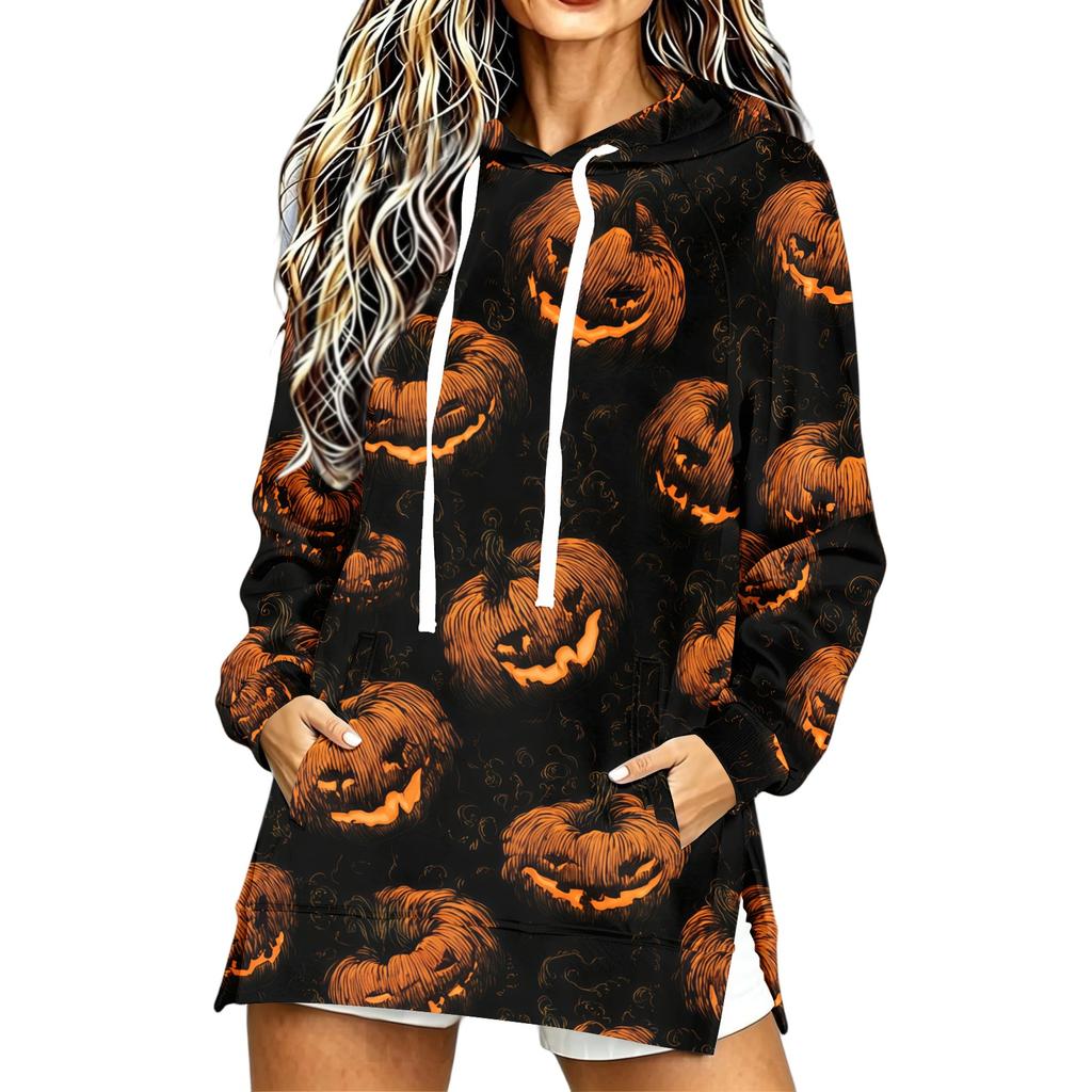 Women's Casual Long Sleeve Halloween Print Hoodie Pullover Top for Fall Festive Wear