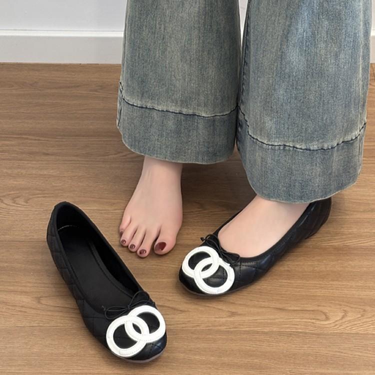 Sheepskin Model~ Genuine Leather Small Fragrance Inner Height Increase 5cm Shallow Mouth Single Shoes Retro Bow Ballet Shoes Female Grandma Shoes