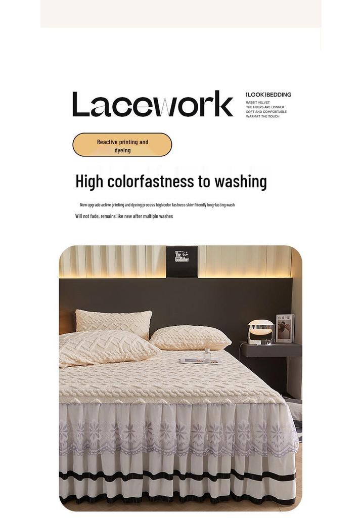 Thickened Taffeta Bed Skirt Set: Korean Style Lace Bedspread & Mattress Cover (3-Piece, Solid Color)