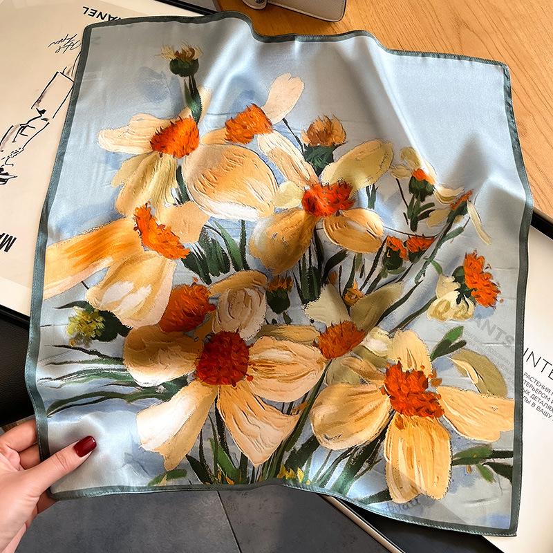 53Cm 100% Real Silk Scarf Square Bandelet Women'S Silk Temperament Small Scarf Neck Decorative Wrap Oil Printed Lavender Scarves