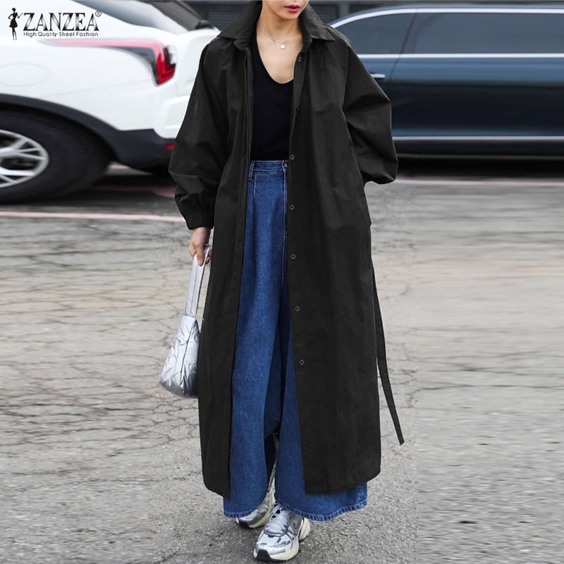 

ZANZEA Женский повседневный тонкий тренч свободного кроя с отложным воротником и длинными рукавами чёрный