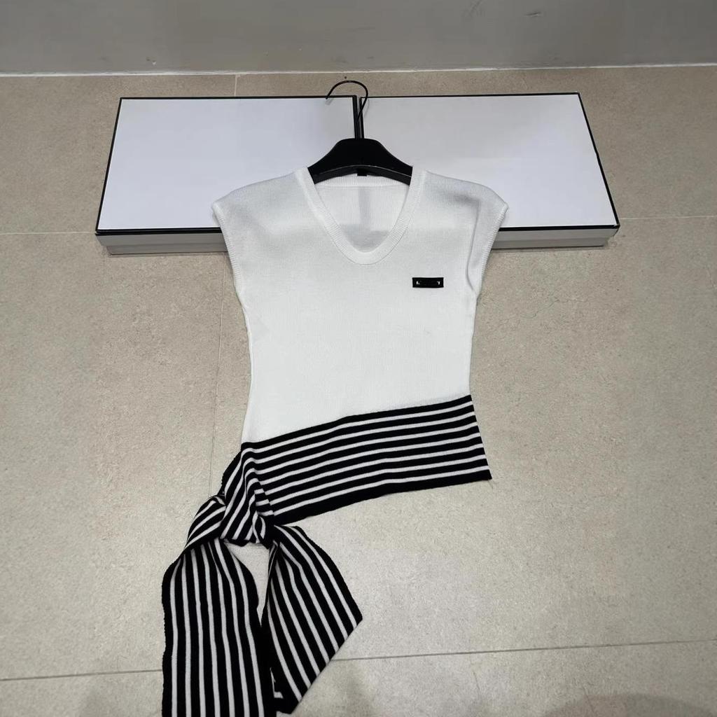 Miu Style 2026 Summer Striped Tie-Up Knit Vest with Cinched Waist