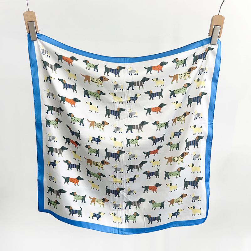1116 Summer New Cartoon Dog Printed Small Square Scarf Cute Head Scarf Chest Wrap Versatile Korean Silk Scarf Scarf Scarf