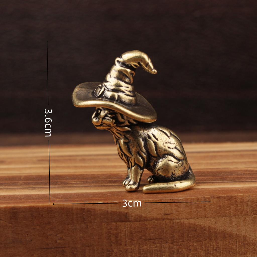 Cute Sorcerer Cat Small Statue Creative Solid Brass Childish Animal Kitten Miniature Figurine Ornaments Retro Home Decors