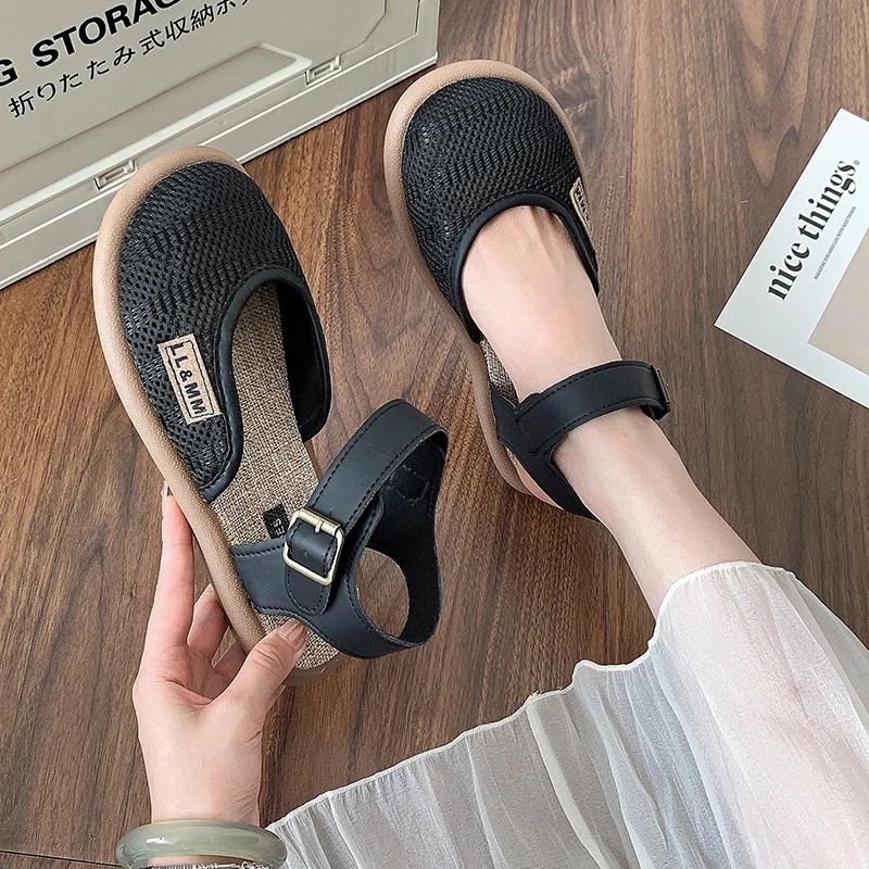 Mesh Shoes Breathable Mary Jane Sandals Linen Mesh Women's Shoes in Summer Wear Cotton and Linen Overhead Sandals Size 35-42